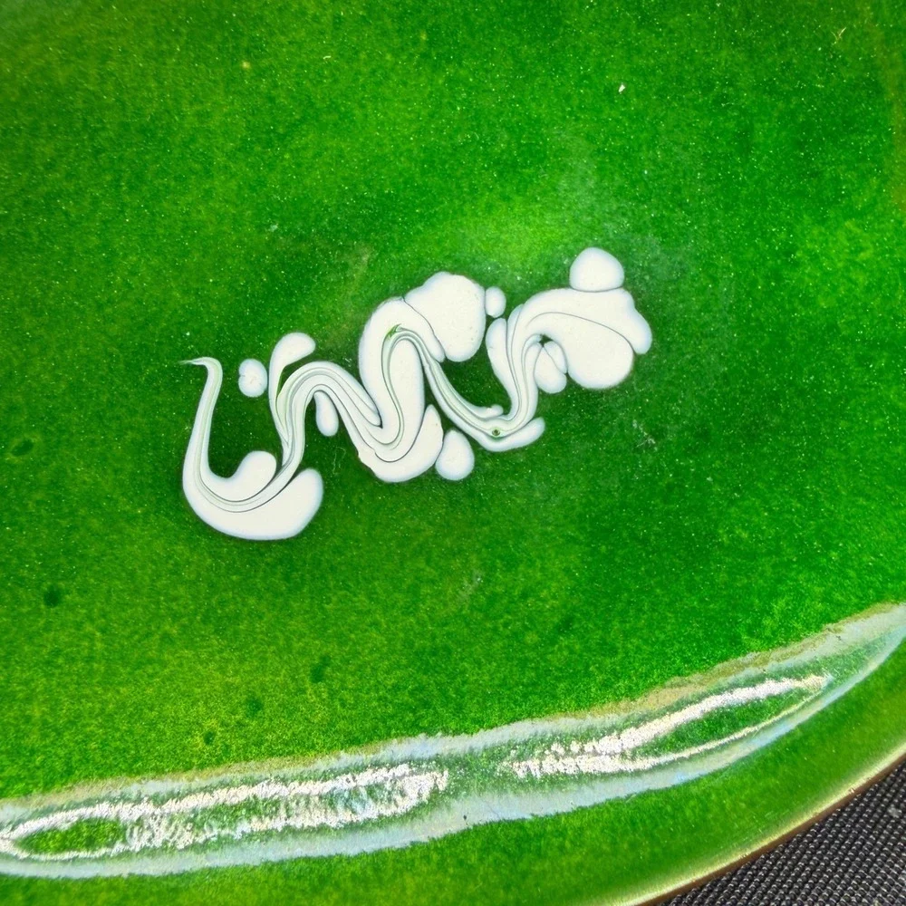 Leon Statham Enamel on‎ Copper Trinket Dish Green Abstract Swirl Egg Shaped VTG